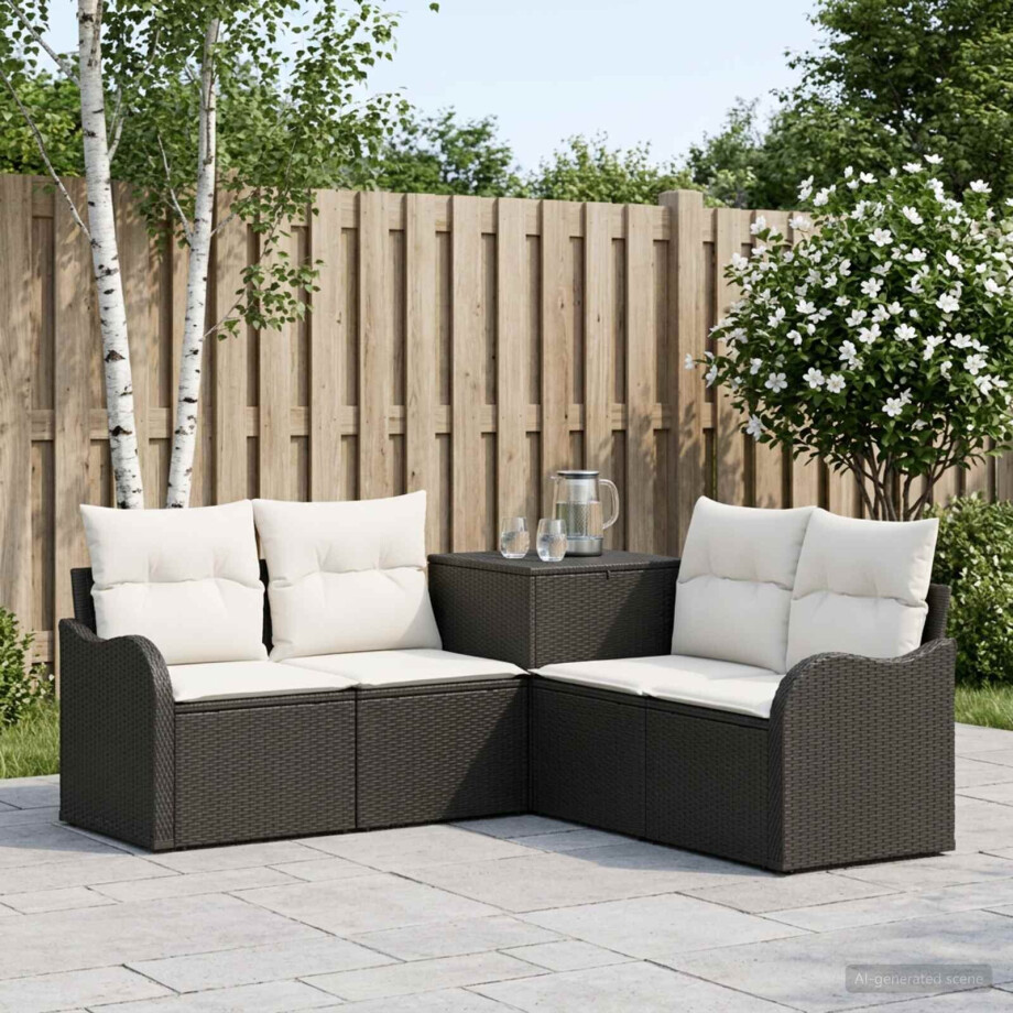 vidaXL Bankstel 5 st Zwart en Cream Wit Poly Rattan en Staal afbeelding 1