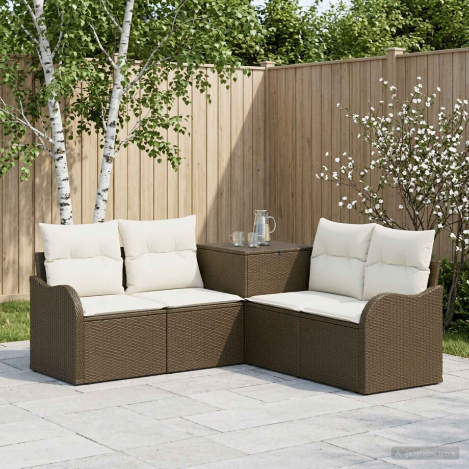 vidaXL Bankstel 5 st Bruin en Crème Wit Poly Rattan en Staal vidaXL Bankstel 5 st Bruin en Crème Wit Poly Rattan en Staal afbeelding 1