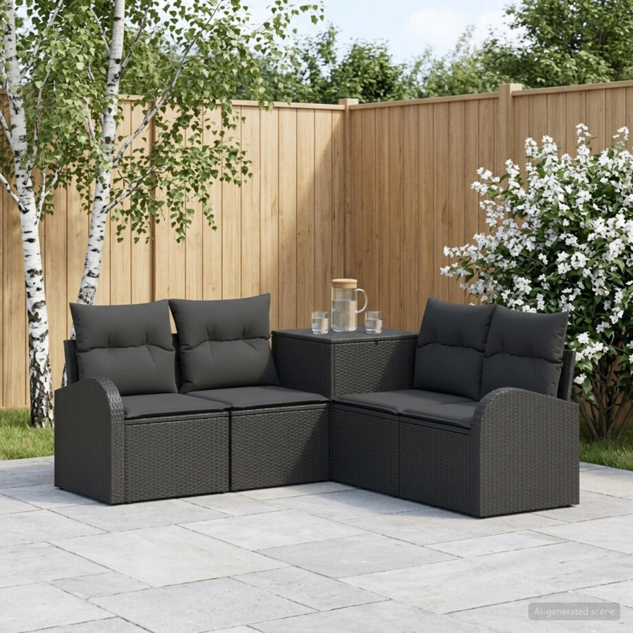 vidaXL Bankstel 5 st Zwart Poly Rattan en Staal afbeelding 1
