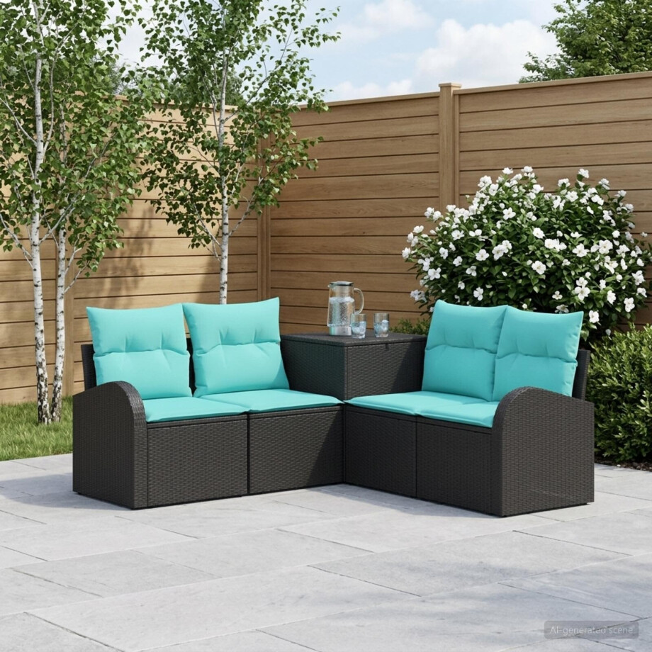 vidaXL Bankstel 5 st Zwart en Blauw Poly Rattan en Staal afbeelding 1