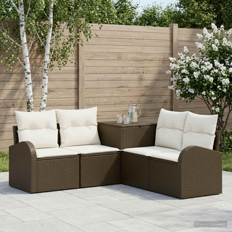 vidaXL Bankstel 5 st Bruin en Crème Wit Poly Rattan en Staal vidaXL Bankstel 5 st Bruin en Crème Wit Poly Rattan en Staal afbeelding 1