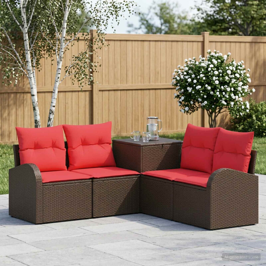 vidaXL Bankstel 5 st Bruin en Rood Poly Rattan en Staal vidaXL Bankstel 5 st Bruin en Rood Poly Rattan en Staal afbeelding 1