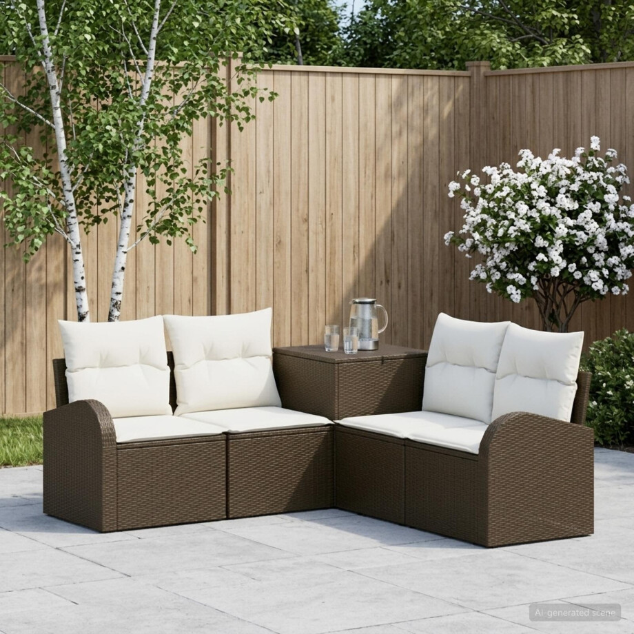 vidaXL Bankstel 5 st Bruin en Crème Wit Poly Rattan en Staal vidaXL Bankstel 5 st Bruin en Crème Wit Poly Rattan en Staal afbeelding 1