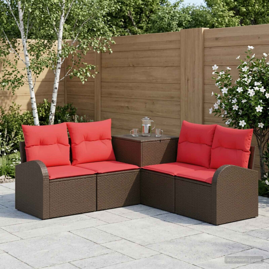 vidaXL Bankstel 5 st Bruin en Rood Poly Rattan en Staal vidaXL Bankstel 5 st Bruin en Rood Poly Rattan en Staal afbeelding 1