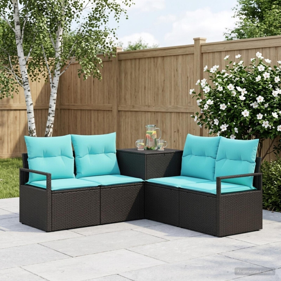 vidaXL Bankstel 5 st Zwart en Blauw Poly Rattan en Staal afbeelding 1