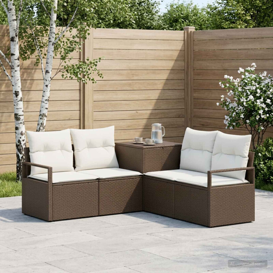 vidaXL Bankstel 5 st Bruin en Crème Wit Poly Rattan en Staal afbeelding 1