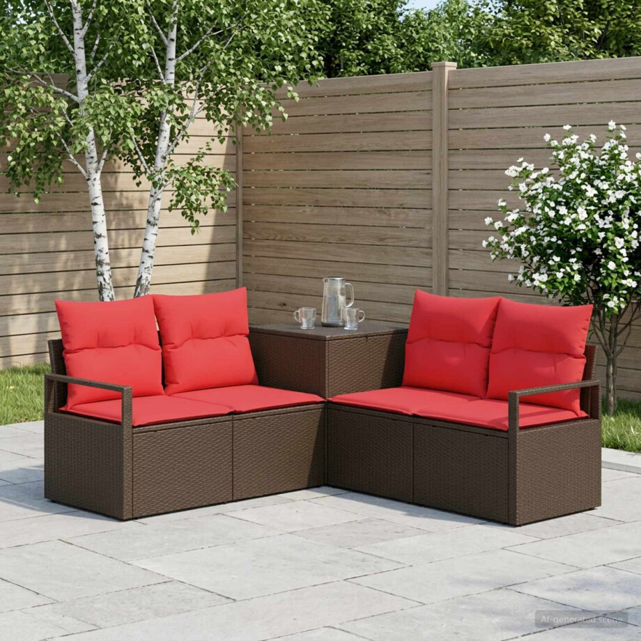 vidaXL Bankstel 5 st Bruin en Rood Poly Rattan en Staal afbeelding 1