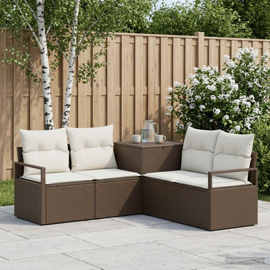 vidaXL Bankstel 5 st Bruin en Crème Wit Poly Rattan en Staal afbeelding 1