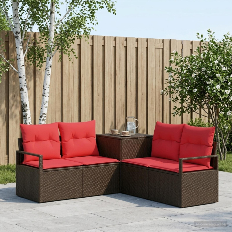 vidaXL Bankstel 5 st Bruin en Rood Poly Rattan en Staal afbeelding 1