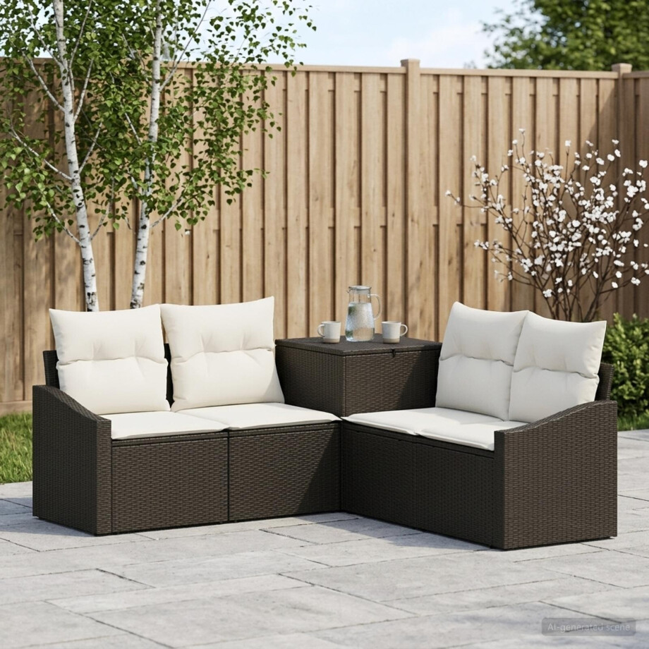 vidaXL Bankstel 5 st Zwart en Cream Wit Poly Rattan en Staal afbeelding 1