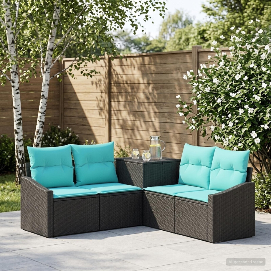 vidaXL Bankstel 5 st Zwart en Blauw Poly Rattan en Staal afbeelding 1