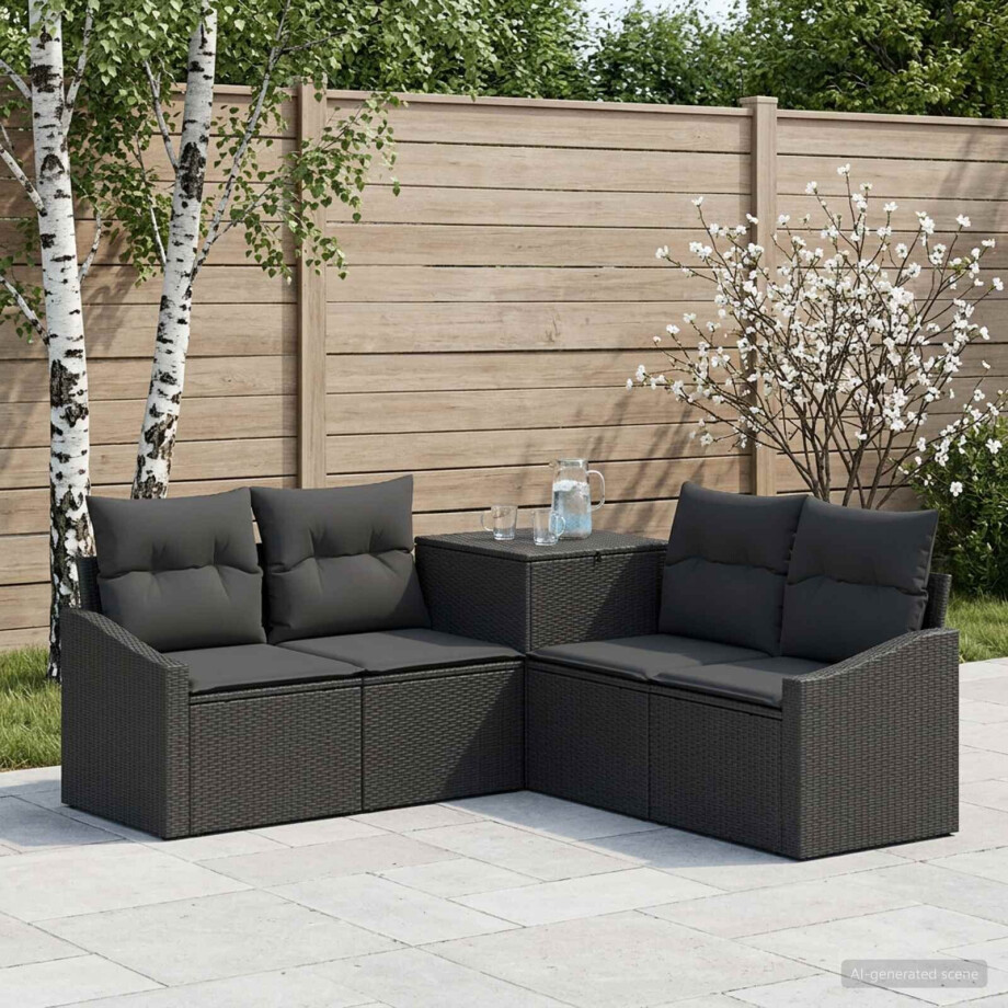 vidaXL Bankstel 5 st Zwart Poly Rattan en Staal afbeelding 1