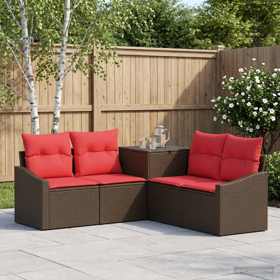 vidaXL Bankstel 5 st Bruin en Rood Poly Rattan en Staal afbeelding 1