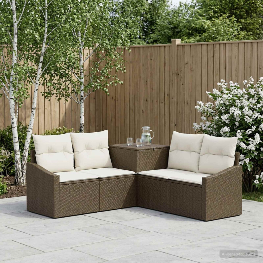 vidaXL Bankstel 5 st Bruin en Crème Wit Poly Rattan en Staal afbeelding 1