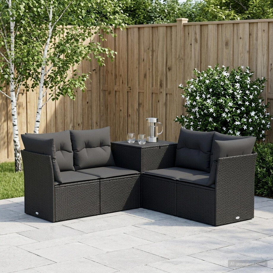 vidaXL Bankstel 5 st Zwart Poly Rattan en Staal afbeelding 1