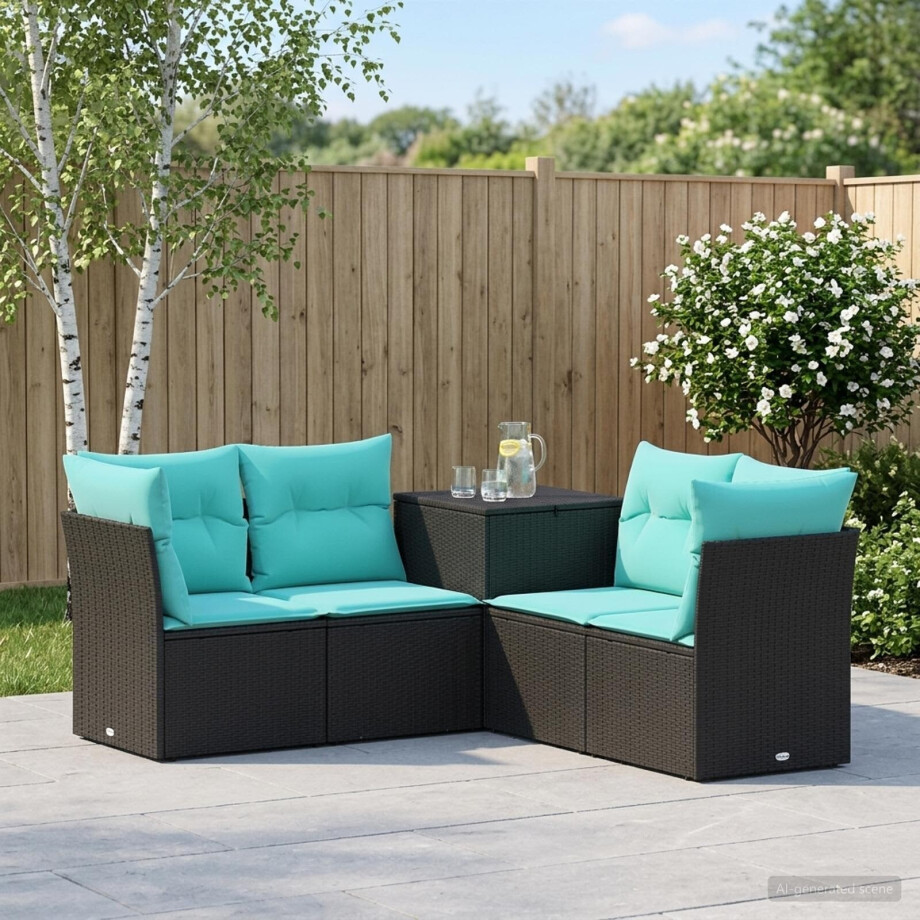 vidaXL Bankstel 5 st Zwart en Blauw Poly Rattan en Staal afbeelding 1