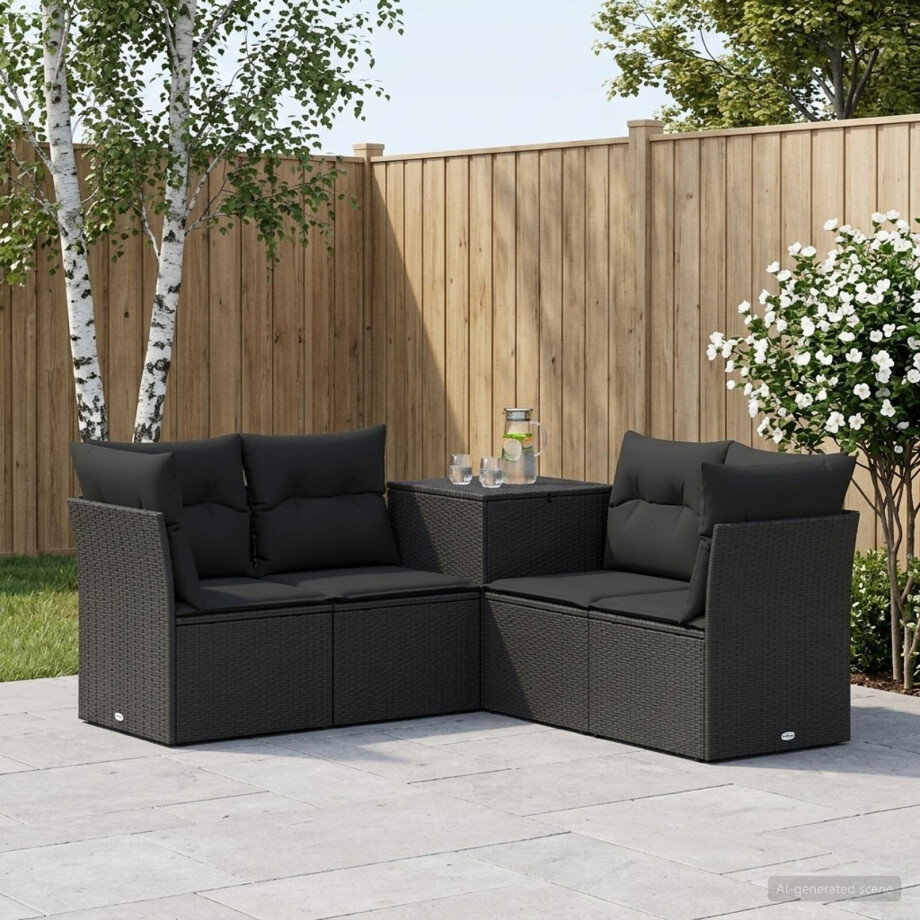vidaXL Bankstel 5 st Zwart Poly Rattan en Staal afbeelding 1
