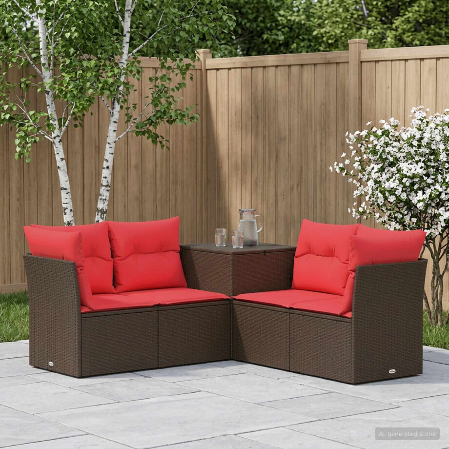 vidaXL Bankstel 5 st Bruin en Rood Poly Rattan en Staal afbeelding 1