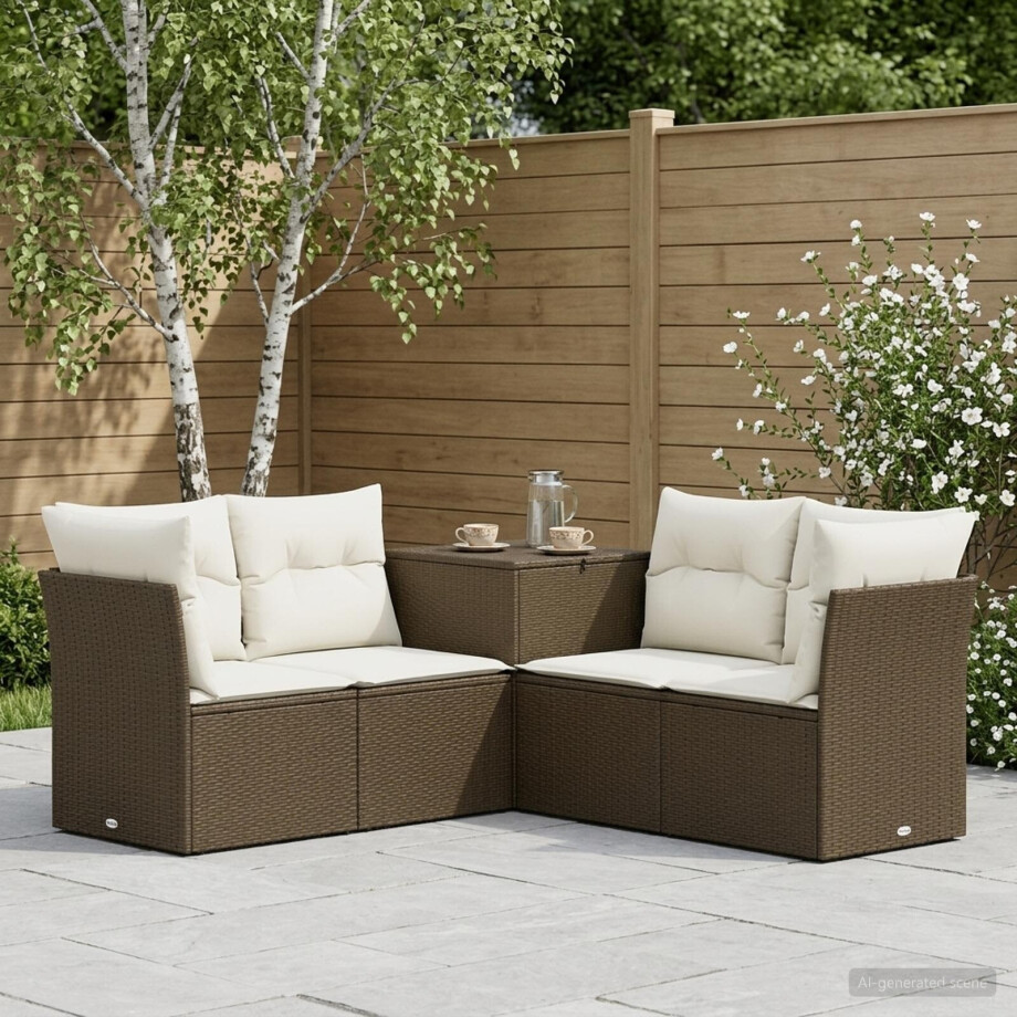 vidaXL Bankstel 5 st Bruin en Crème Wit Poly Rattan en Staal afbeelding 1