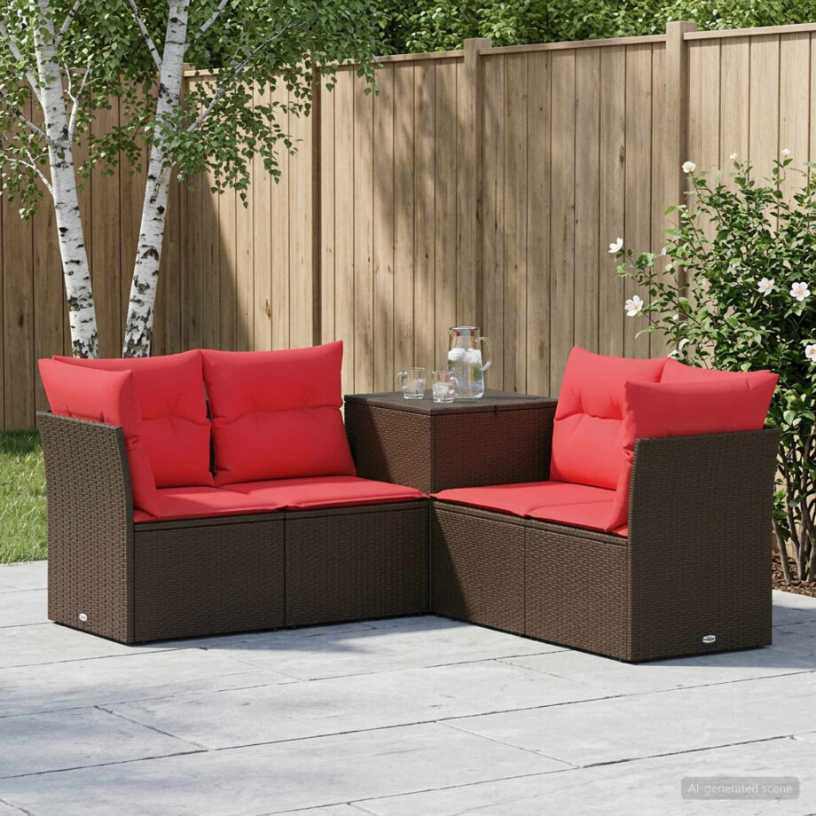 vidaXL Bankstel 5 st Bruin en Rood Poly Rattan en Staal afbeelding 1
