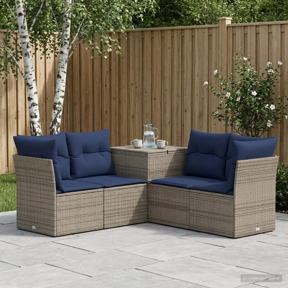 vidaXL Bankstel 5 st Grijs en Marineblauw Poly Rattan en Staal afbeelding 1