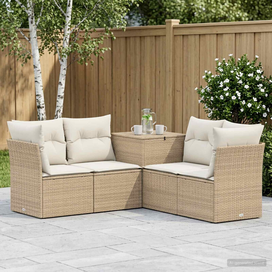 vidaXL Bankstel 5 st Beige en Crème Wit Poly Rattan en Staal afbeelding 1