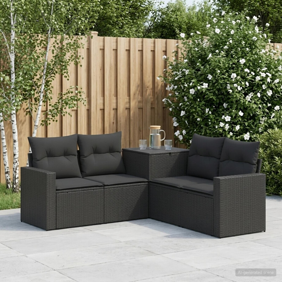 vidaXL Bankstel 5 st Zwart Poly Rattan en Staal afbeelding 1