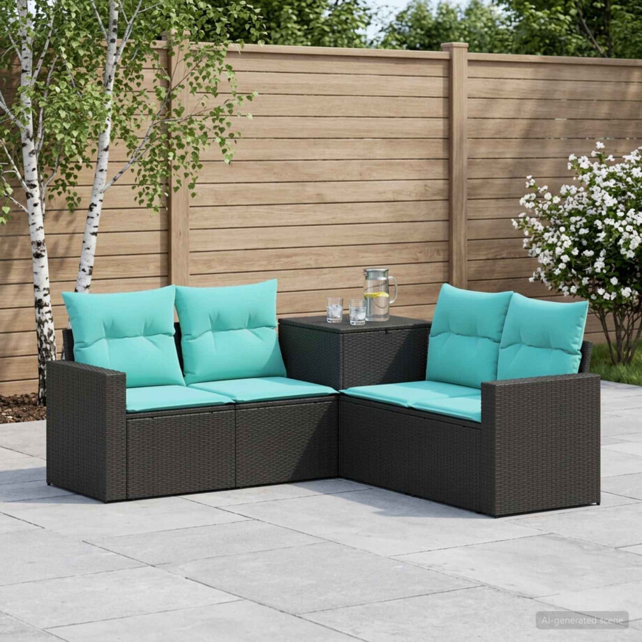 vidaXL Bankstel 5 st Zwart en Blauw Poly Rattan en Staal vidaXL Bankstel 5 st Zwart en Blauw Poly Rattan en Staal afbeelding 1