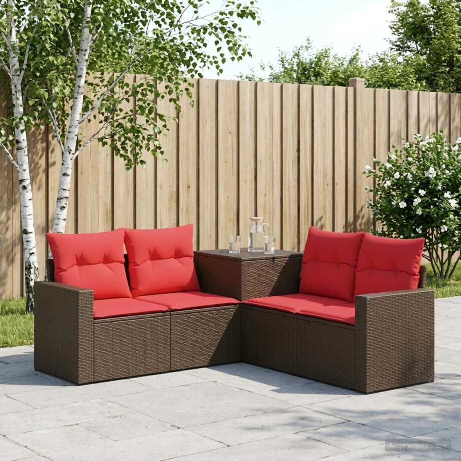 vidaXL Bankstel 5 st Bruin en Rood Poly Rattan en Staal afbeelding 1
