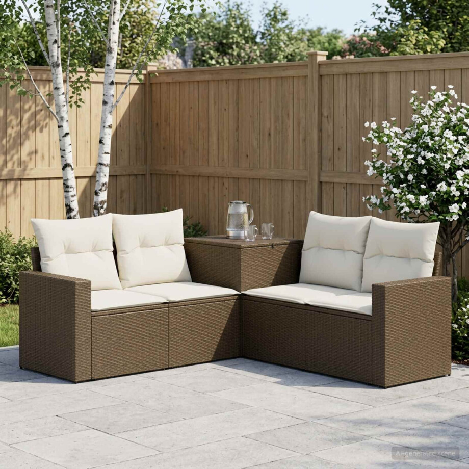 vidaXL Bankstel 5 st Bruin en Crème Wit Poly Rattan en Staal afbeelding 1