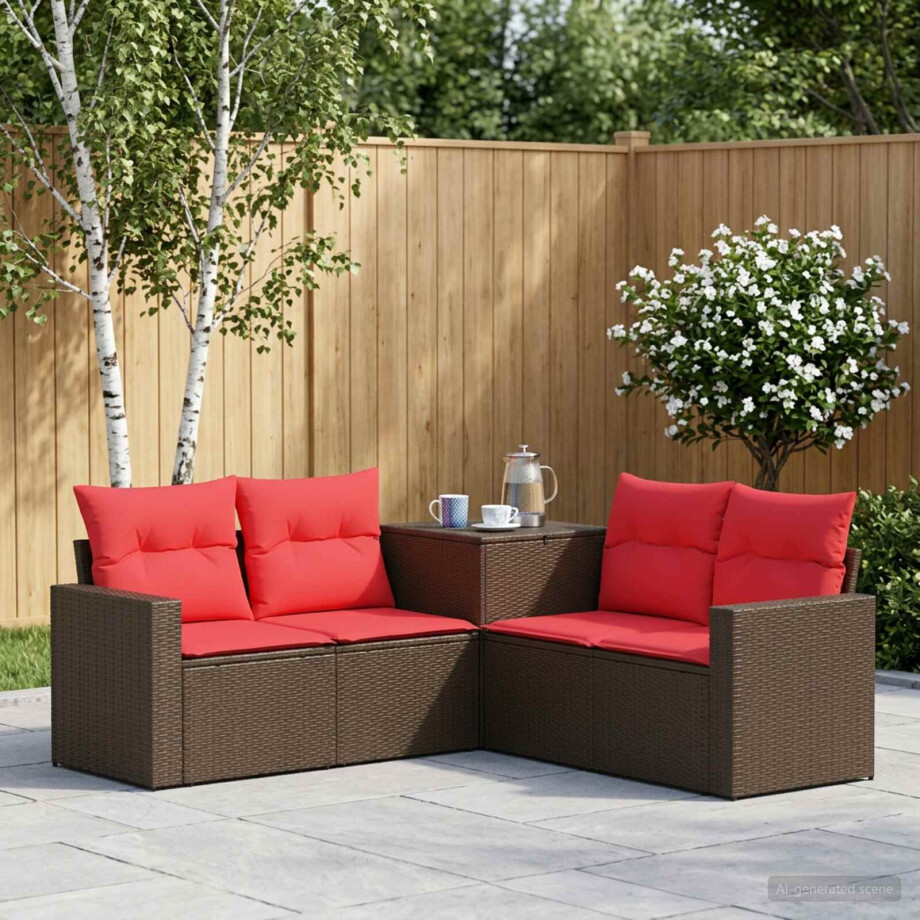vidaXL Bankstel 5 st Bruin en Rood Poly Rattan en Staal afbeelding 1