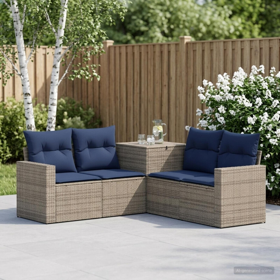 vidaXL Bankstel 5 st Grijs en Marineblauw Poly Rattan en Staal afbeelding 1