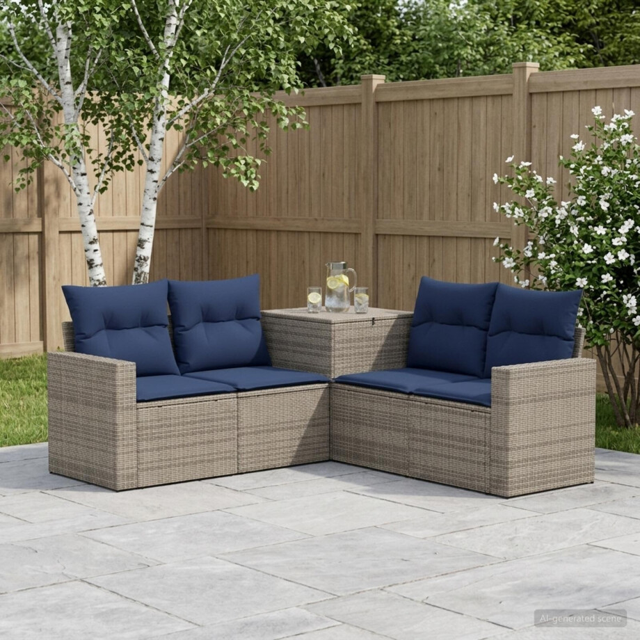 vidaXL Bankstel 5 st Grijs en Marineblauw Poly Rattan en Staal afbeelding 1