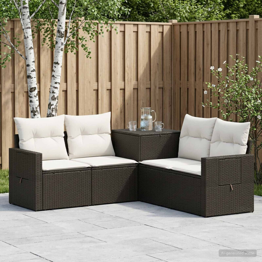 vidaXL Bankstel 5 st Zwart en Cream Wit Poly Rattan en Staal afbeelding 1