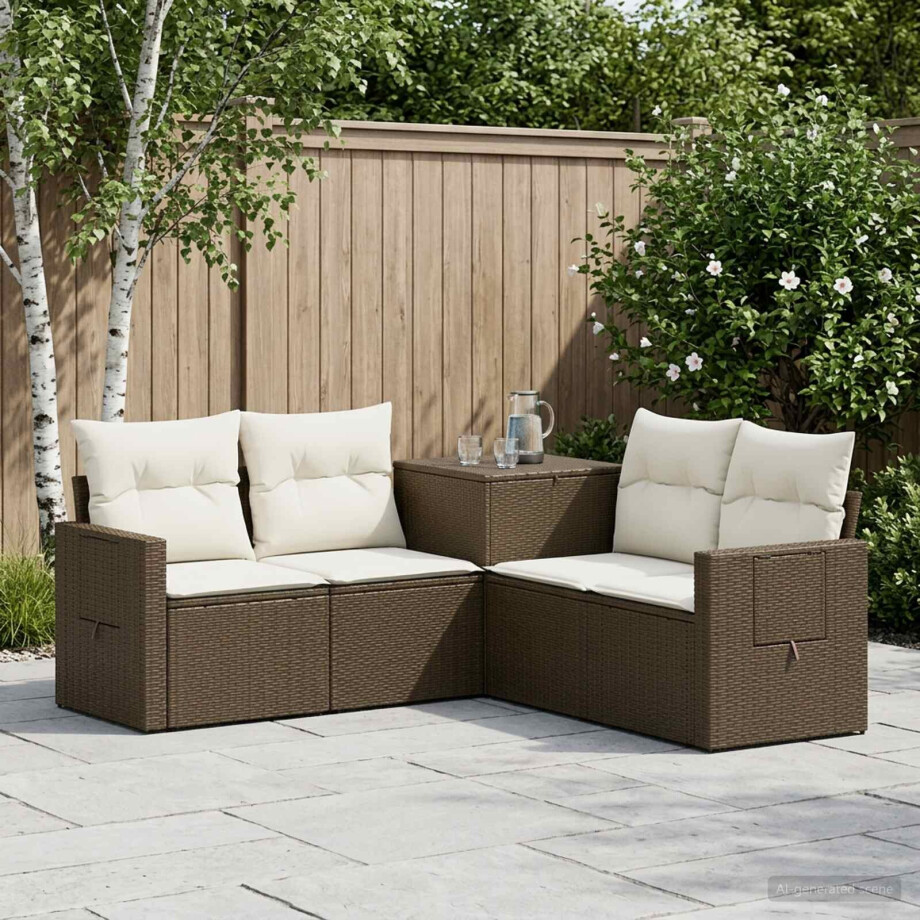 vidaXL Bankstel 5 st Bruin en Crème Wit Poly Rattan en Staal afbeelding 1
