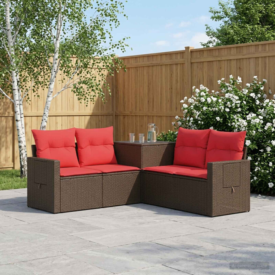 vidaXL Bankstel 5 st Bruin en Rood Poly Rattan en Staal afbeelding 1