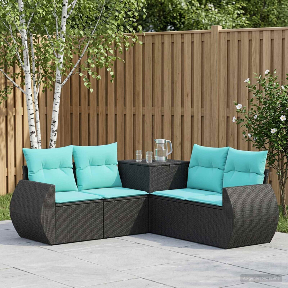 vidaXL Bankstel 5 st Zwart en Blauw Poly Rattan en Staal vidaXL Bankstel 5 st Zwart en Blauw Poly Rattan en Staal afbeelding 1