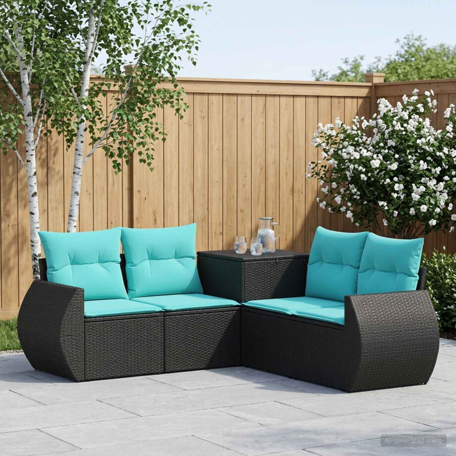 vidaXL Bankstel 5 st Zwart en Blauw Poly Rattan en Staal vidaXL Bankstel 5 st Zwart en Blauw Poly Rattan en Staal afbeelding 1