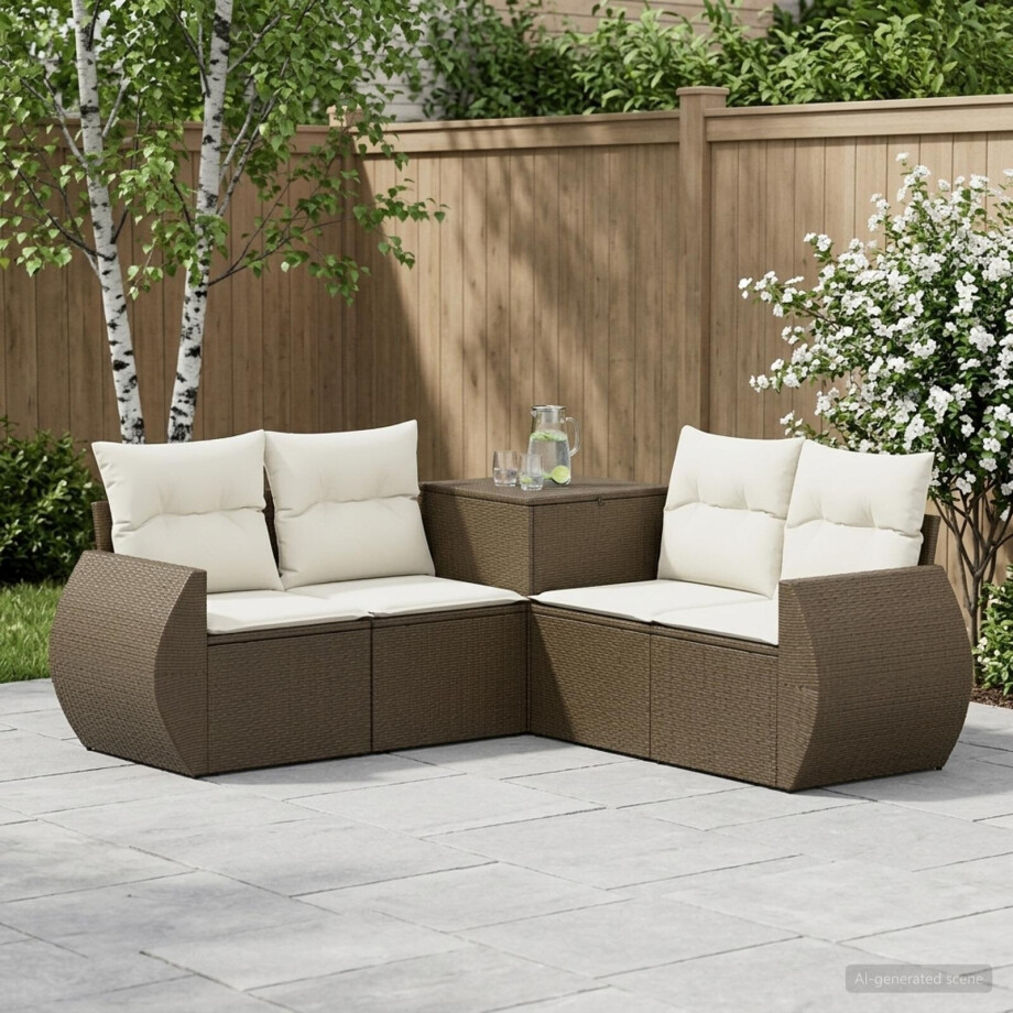 vidaXL Bankstel 5 st Bruin en Crème Wit Poly Rattan en Staal afbeelding 1