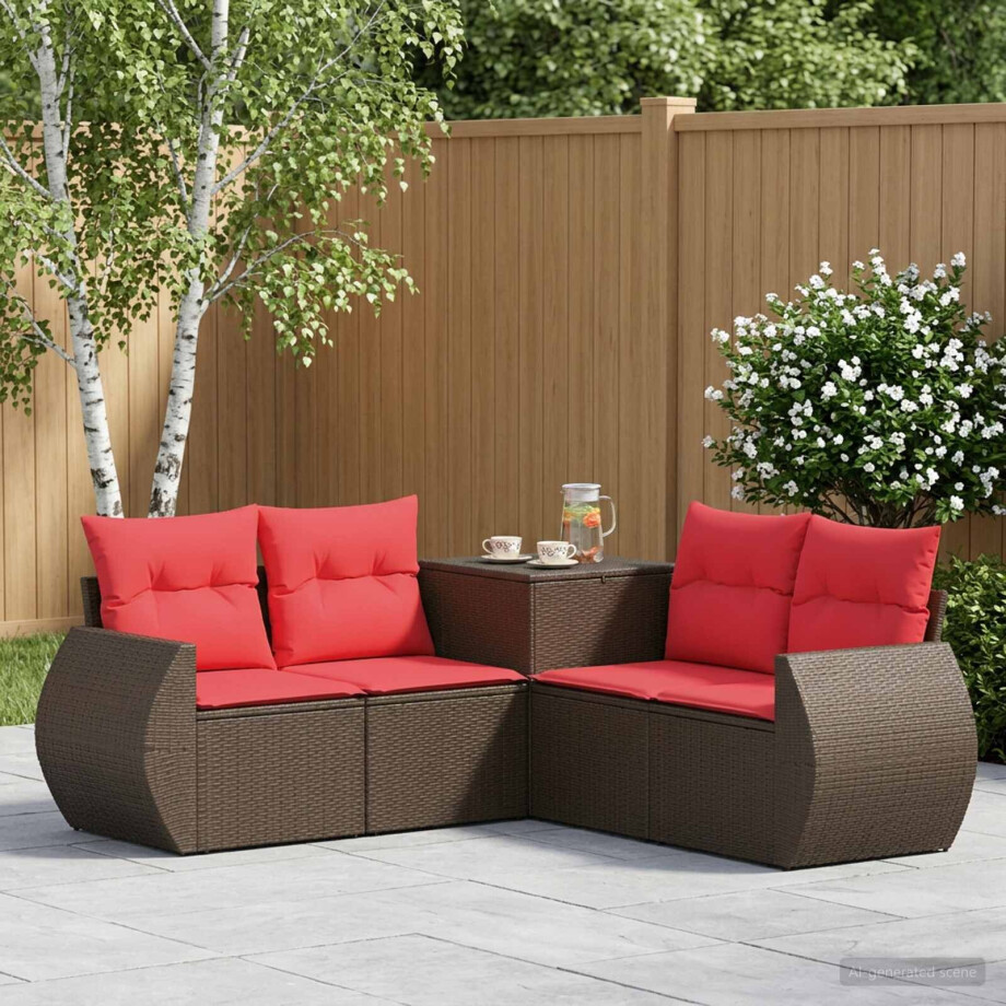 vidaXL Bankstel 5 st Bruin en Rood Poly Rattan en Staal afbeelding 1