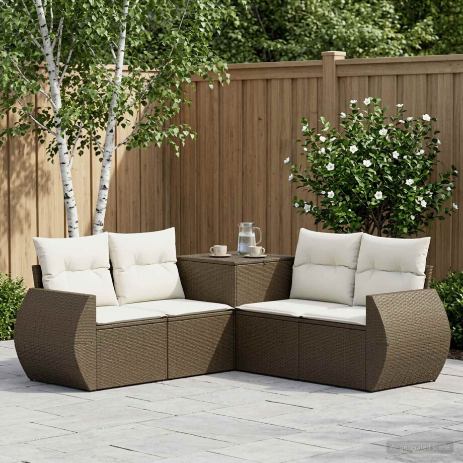 vidaXL Bankstel 5 st Bruin en Crème Wit Poly Rattan en Staal afbeelding 1