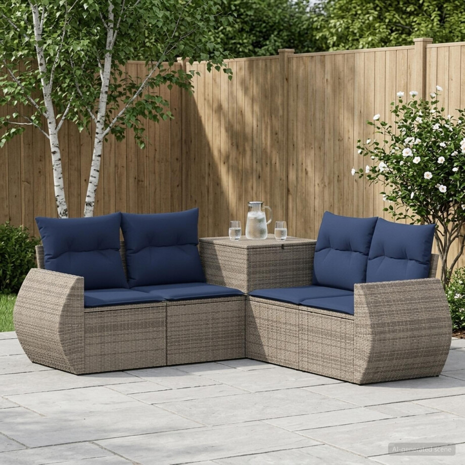 vidaXL Bankstel 5 st Grijs en Marineblauw Poly Rattan en Staal afbeelding 1