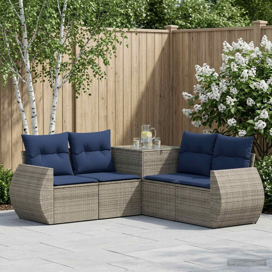 vidaXL Bankstel 5 st Grijs en Marineblauw Poly Rattan en Staal afbeelding 1
