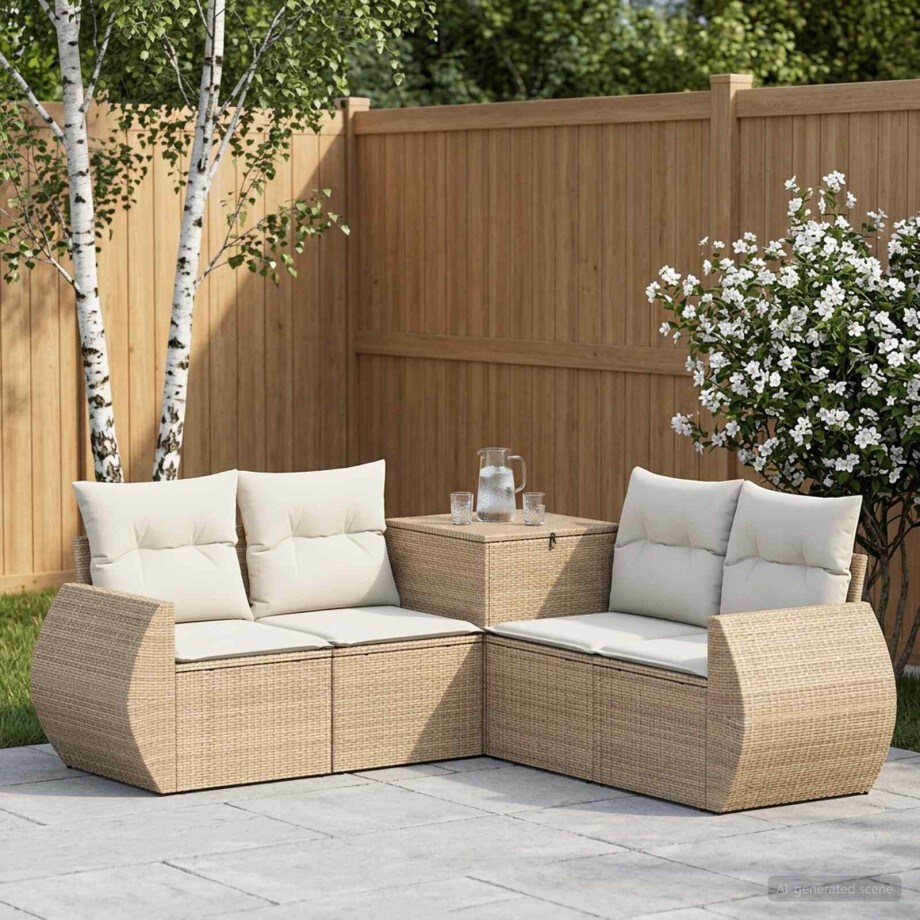 vidaXL Bankstel 5 st Beige en Crème Wit Poly Rattan en Staal afbeelding 1
