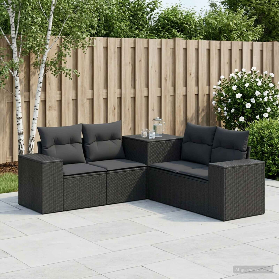 vidaXL Bankstel 5 st Zwart Poly Rattan en Staal afbeelding 1