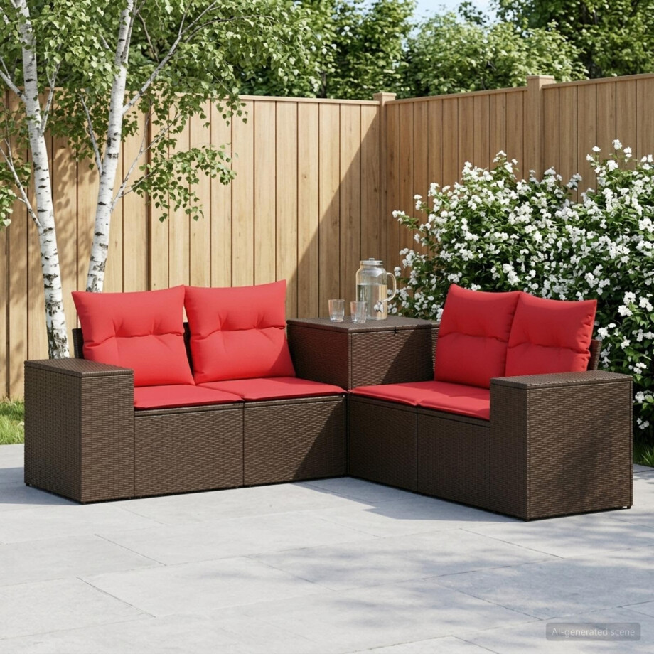 vidaXL Bankstel 5 st Bruin en Rood Poly Rattan en Staal afbeelding 1