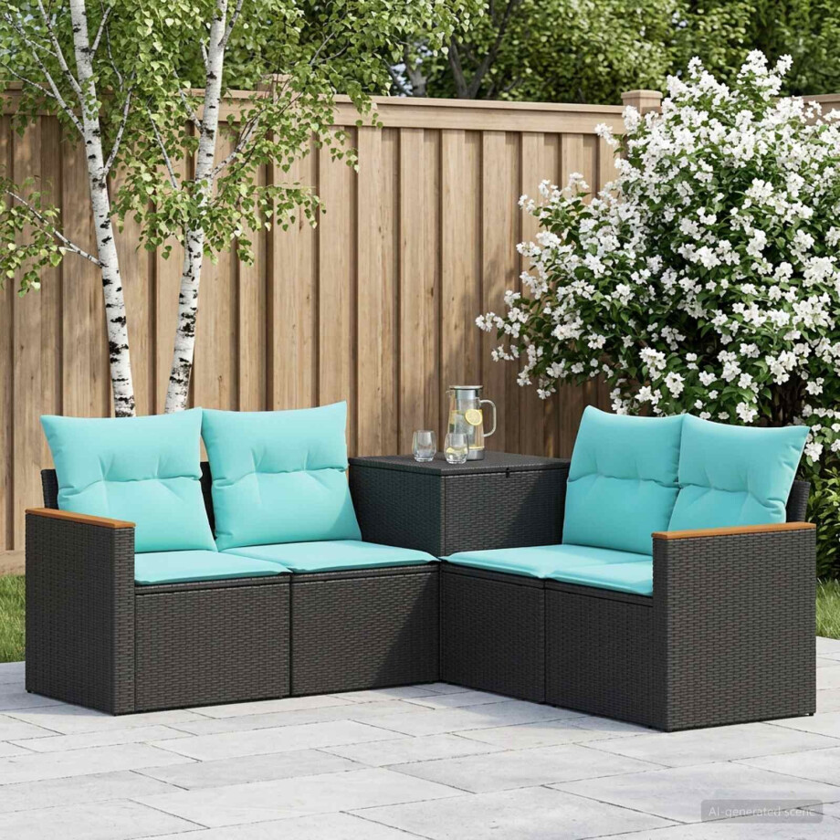 vidaXL Bankstel 5 st Zwart en Blauw Poly Rattan en Staal afbeelding 1