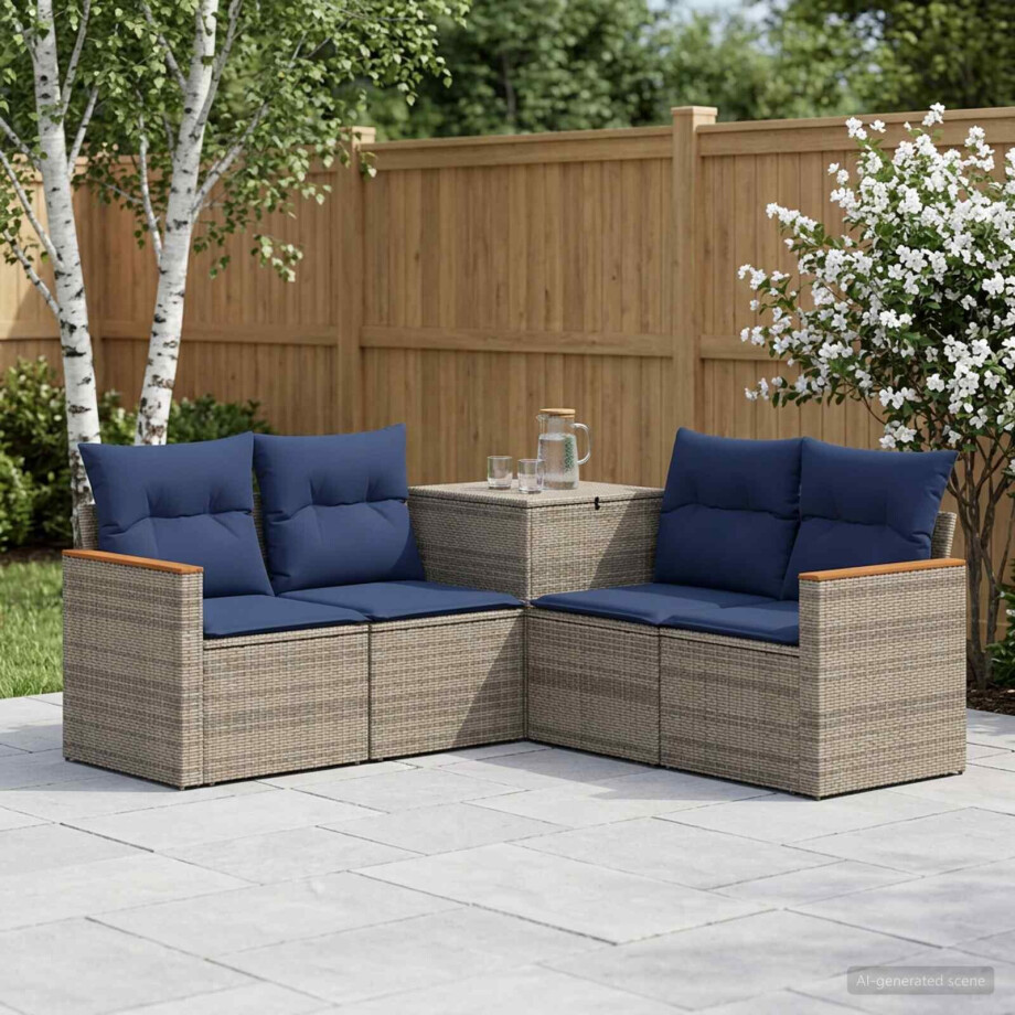 vidaXL Bankstel 5 st Grijs en Marineblauw Poly Rattan en Staal afbeelding 1