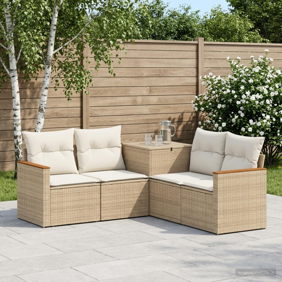 vidaXL Bankstel 5 st Beige en Crème Wit Poly Rattan en Staal afbeelding 1