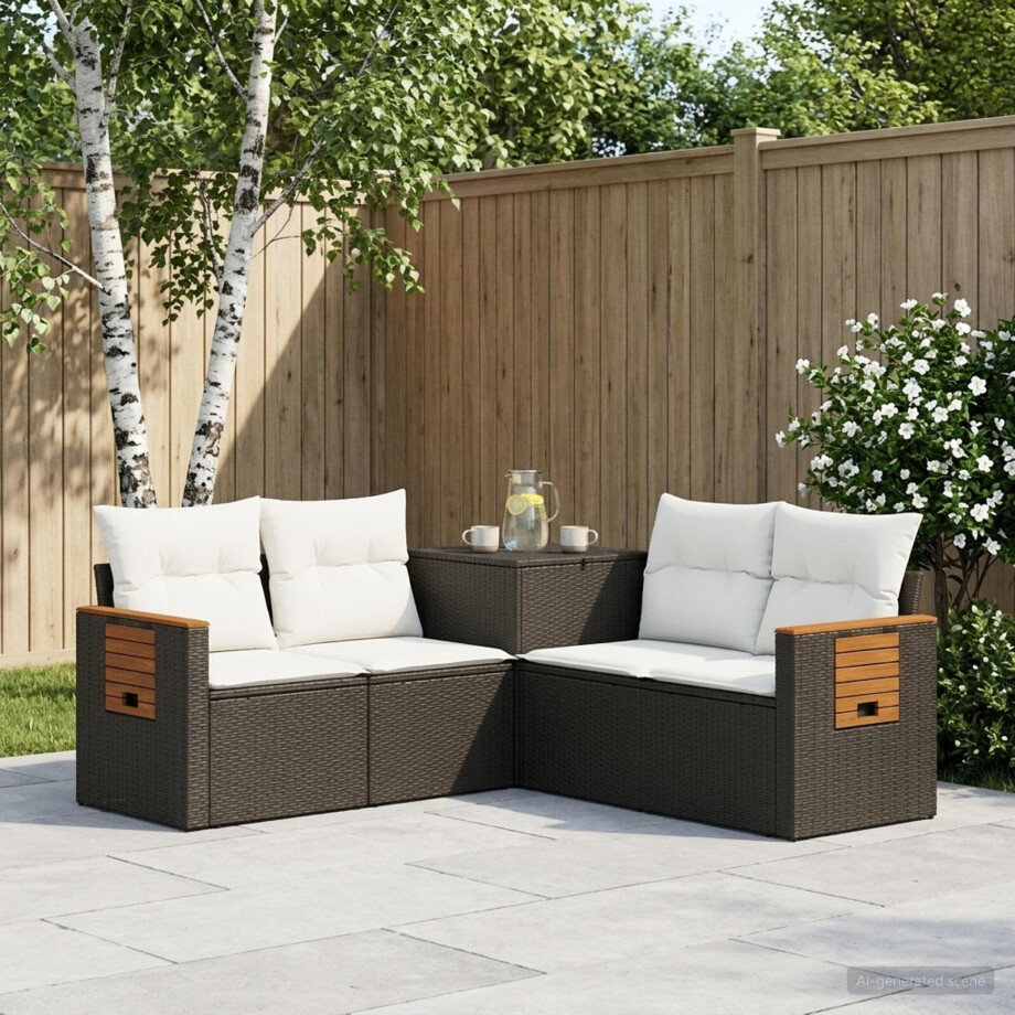 vidaXL Bankstel 5 st Zwart en Cream Wit Poly Rattan en Staal afbeelding 1